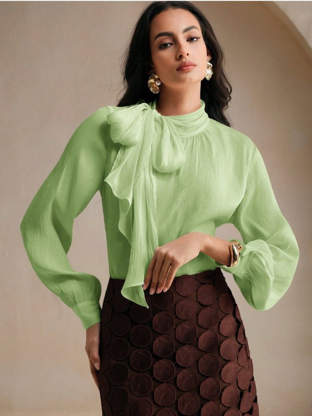 Long Sleeve Tie Cuff Elegant  Blouse With Bow Tie